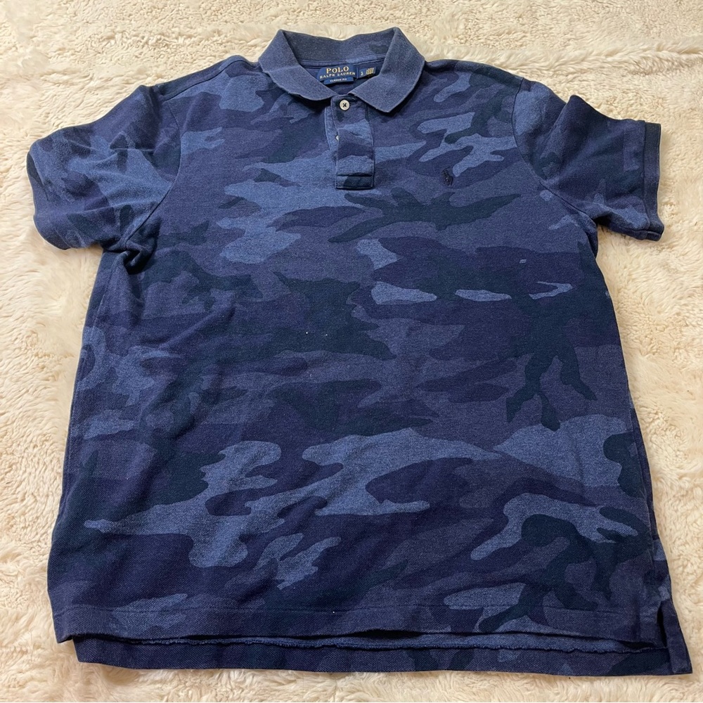 Men's Polo Ralph Lauren Classic Fit Camoflague Blue Camo Polo Shirt Size L